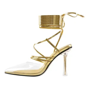 PVC Lace-Up Ankle Strappy Metal Thin High Heel Sandals Shoes