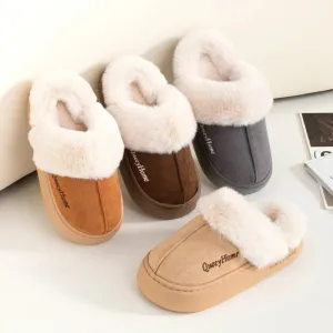 Queeyhome Winter Women Flat-Bottomed Plush Commute Solid Color Versatile Cotton Slippers Warm Cozy Indoor-Outdoor Man Shoes