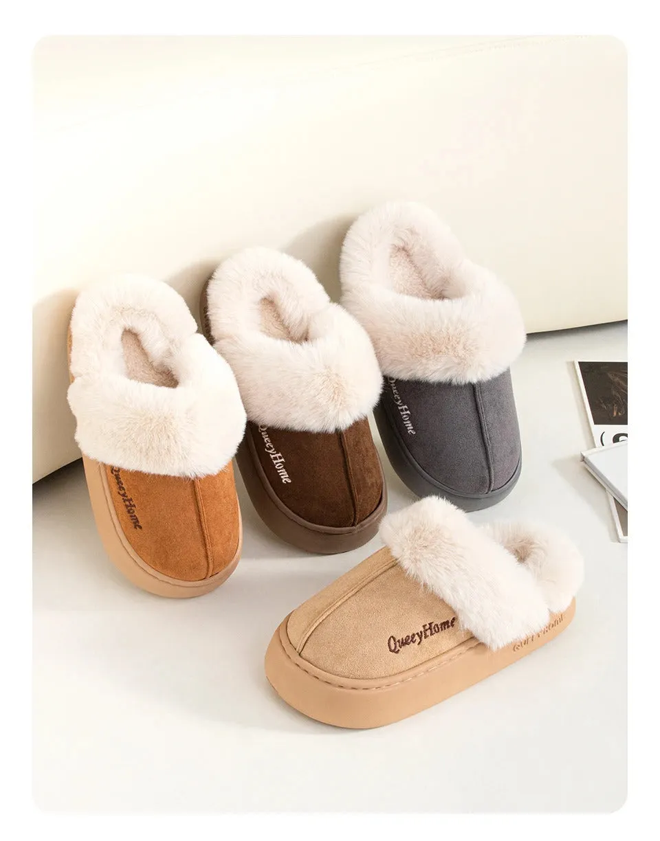 Queeyhome Winter Women Flat-Bottomed Plush Commute Solid Color Versatile Cotton Slippers Warm Cozy Indoor-Outdoor Man Shoes