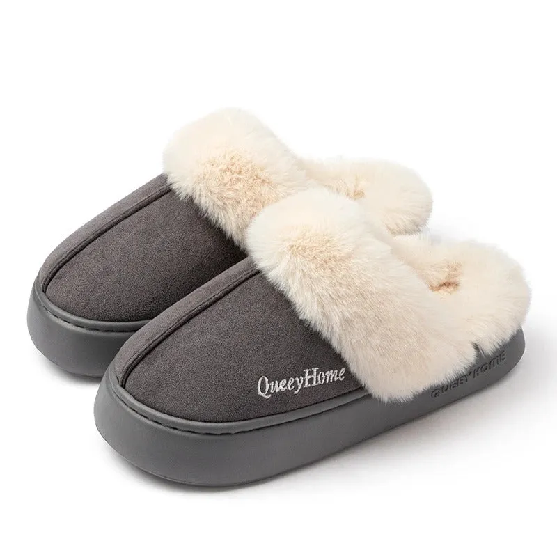 Queeyhome Winter Women Flat-Bottomed Plush Commute Solid Color Versatile Cotton Slippers Warm Cozy Indoor-Outdoor Man Shoes