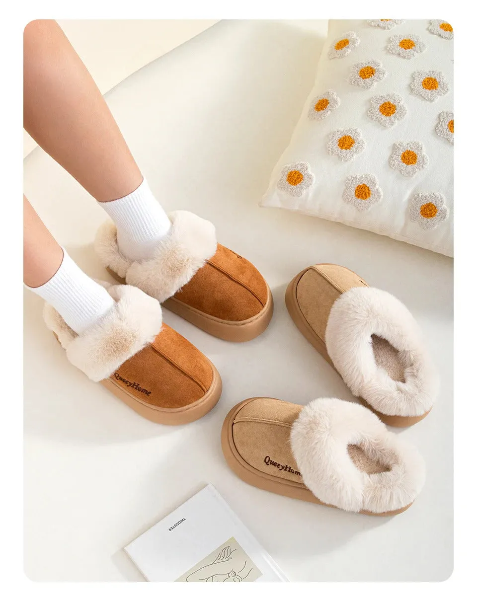 Queeyhome Winter Women Flat-Bottomed Plush Commute Solid Color Versatile Cotton Slippers Warm Cozy Indoor-Outdoor Man Shoes