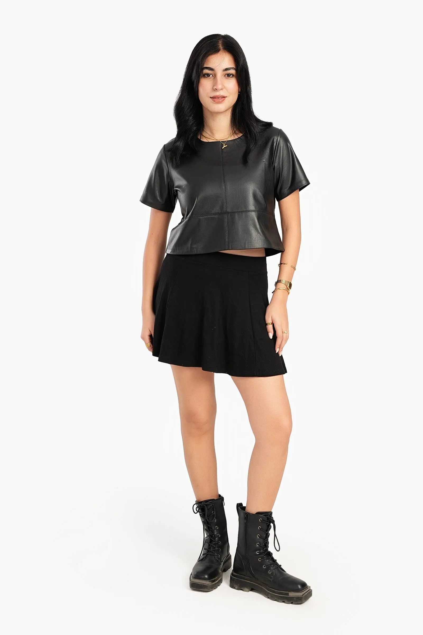 Short Sleeves Leather Top