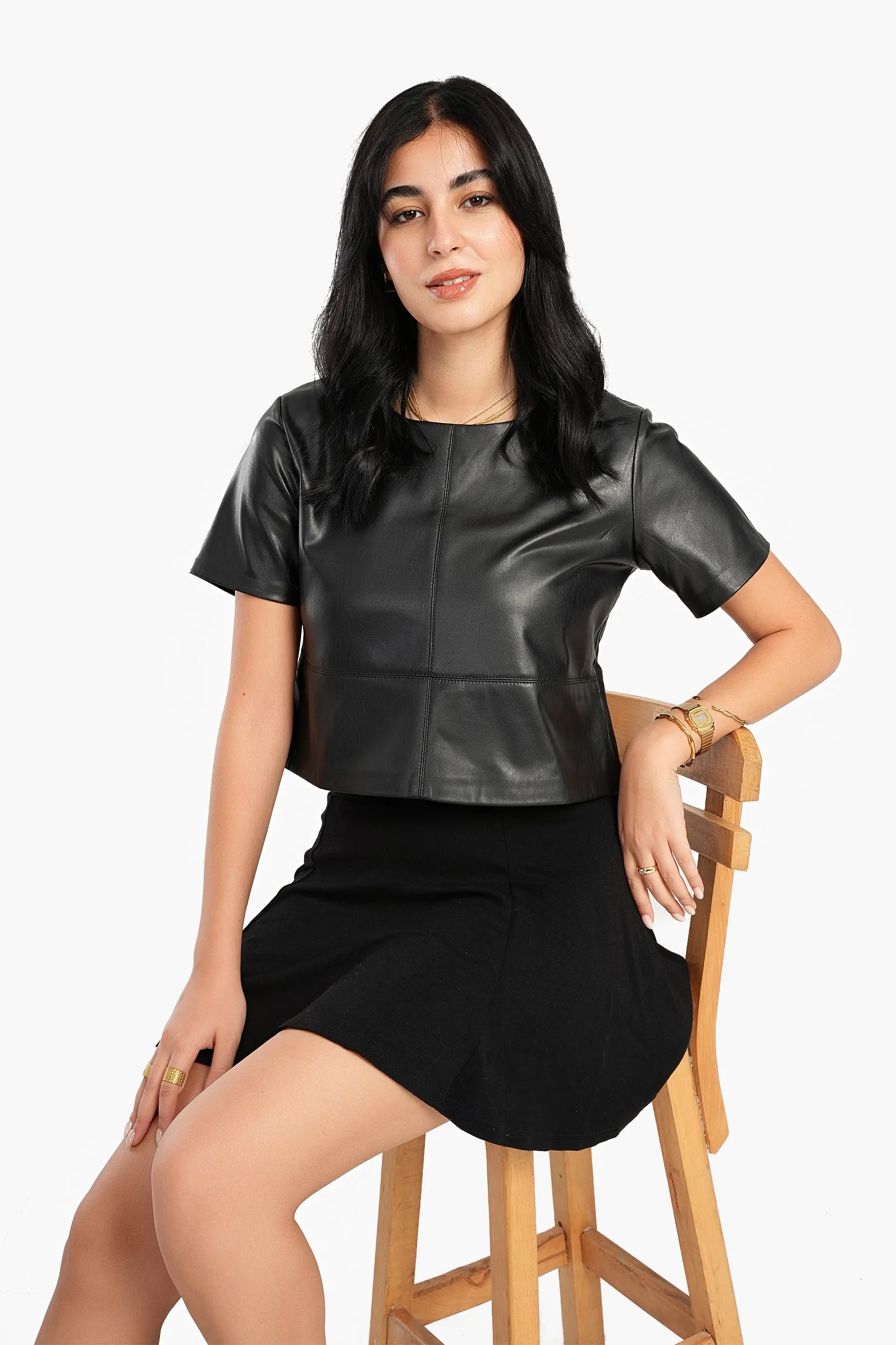 Short Sleeves Leather Top