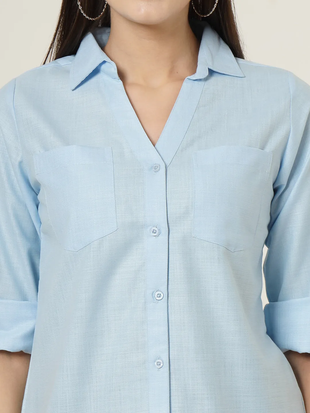 Style Quotient Women Blue Solid Double Pocket Shirt