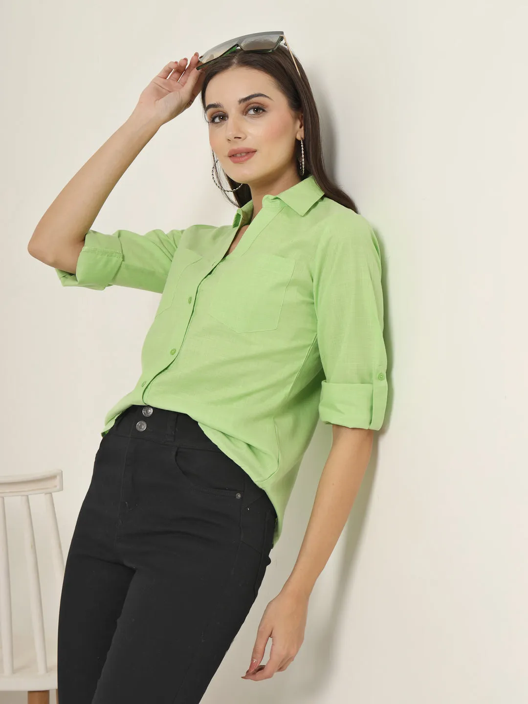 Style Quotient Women Green Solid Double Pocket Shirt