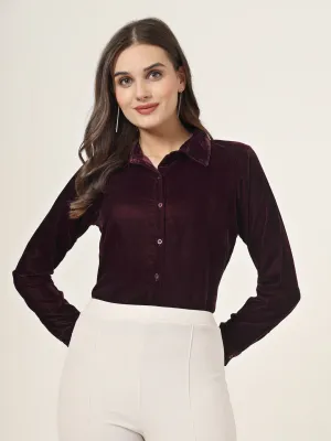 Style Quotient Women Wine Velvet Regular Fit Formal Shirt