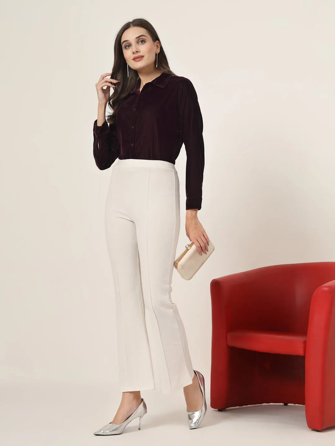 Style Quotient Women Wine Velvet Regular Fit Formal Shirt