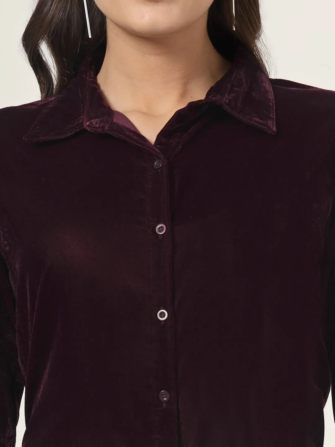 Style Quotient Women Wine Velvet Regular Fit Formal Shirt