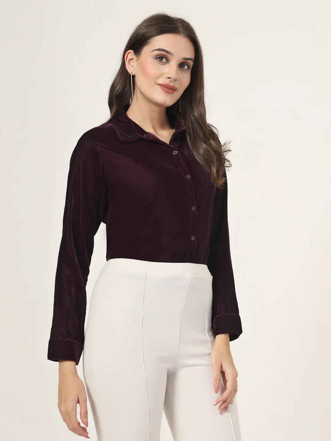 Style Quotient Women Wine Velvet Regular Fit Formal Shirt