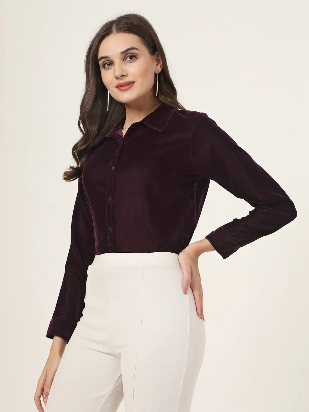 Style Quotient Women Wine Velvet Regular Fit Formal Shirt