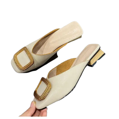 Summer Casual Slip-On Flat Wood Block Heel Mules