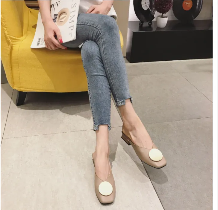 Summer Casual Slip-On Flat Wood Block Heel Mules