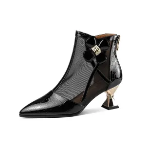 TinaCus Patent Leather & Breathable Mesh Women's Pointed Toe Handmade Flower Mid Heels Zip Up Ankle Boots