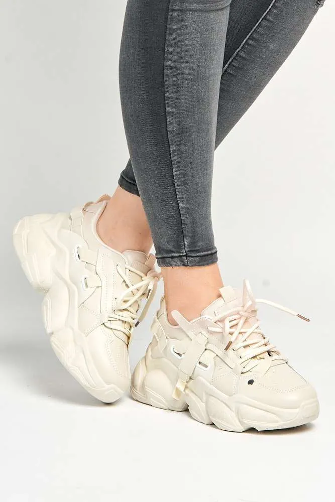 Utillia Chunky Sole Lace-up Trainers in Beige