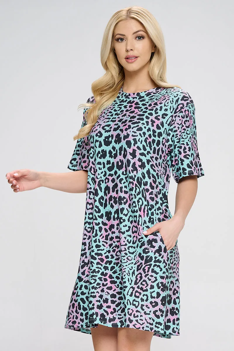 Vivid Leopard Print T-Shirt Dress