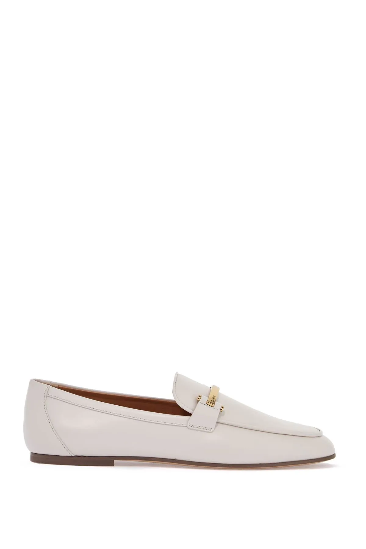 WHITE CALFSKIN MOCCASIN WITH GOLD BAR AND VELCRO CLOSURE