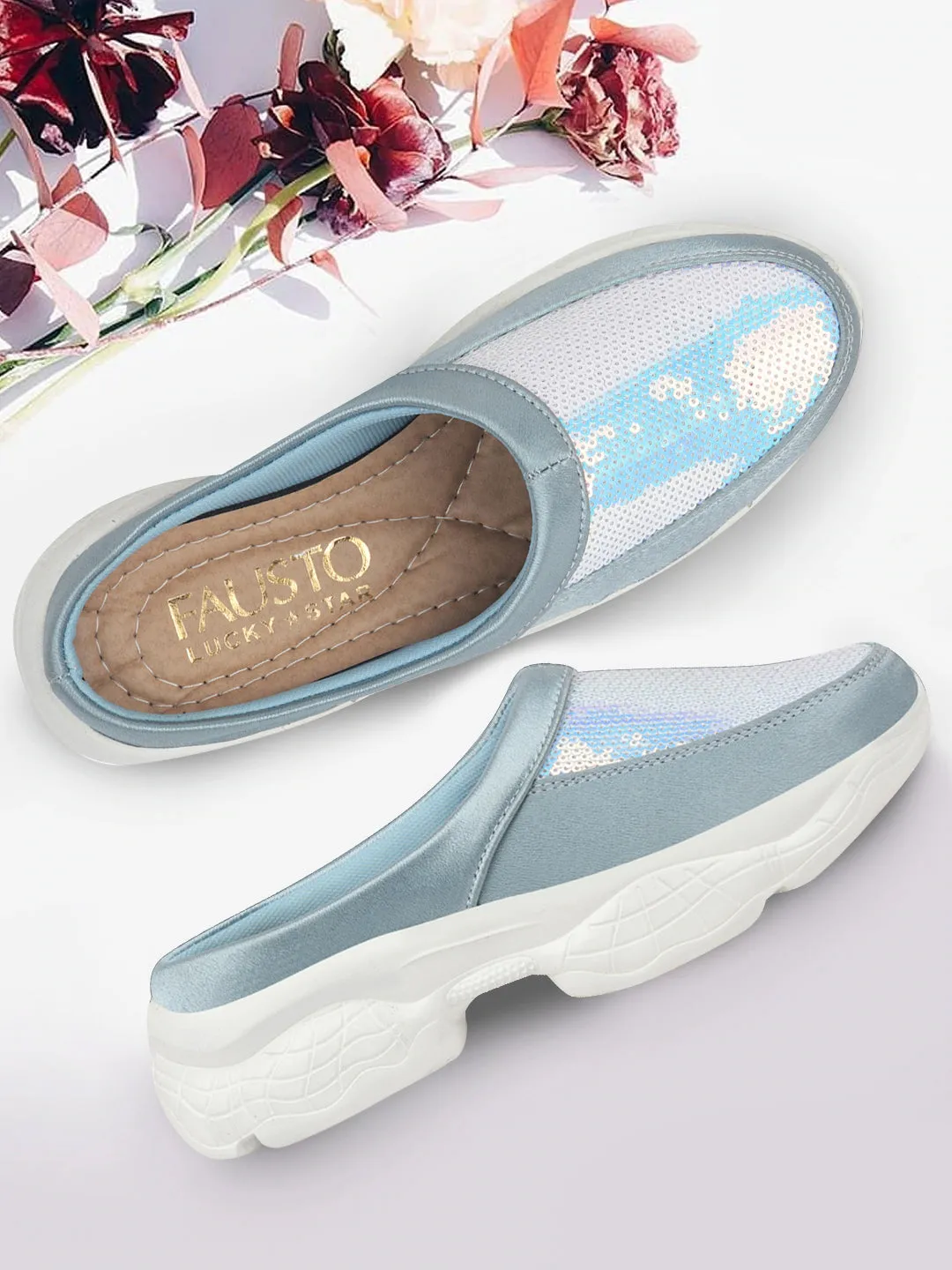 Women Sky Blue Back Open Embellished Slip On Mules