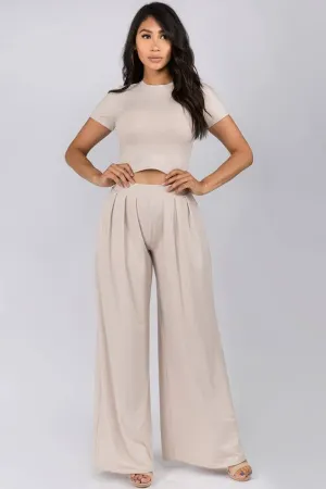 Women's Faith Apparel Crop Top & Wide Leg Palazzo Pants Set in Oatmeal