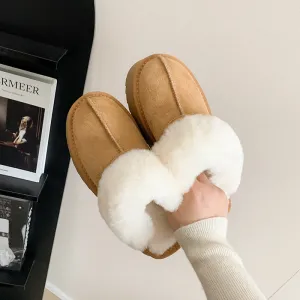 Womens Genuine Suede Leather Platform Wool Fur Mule