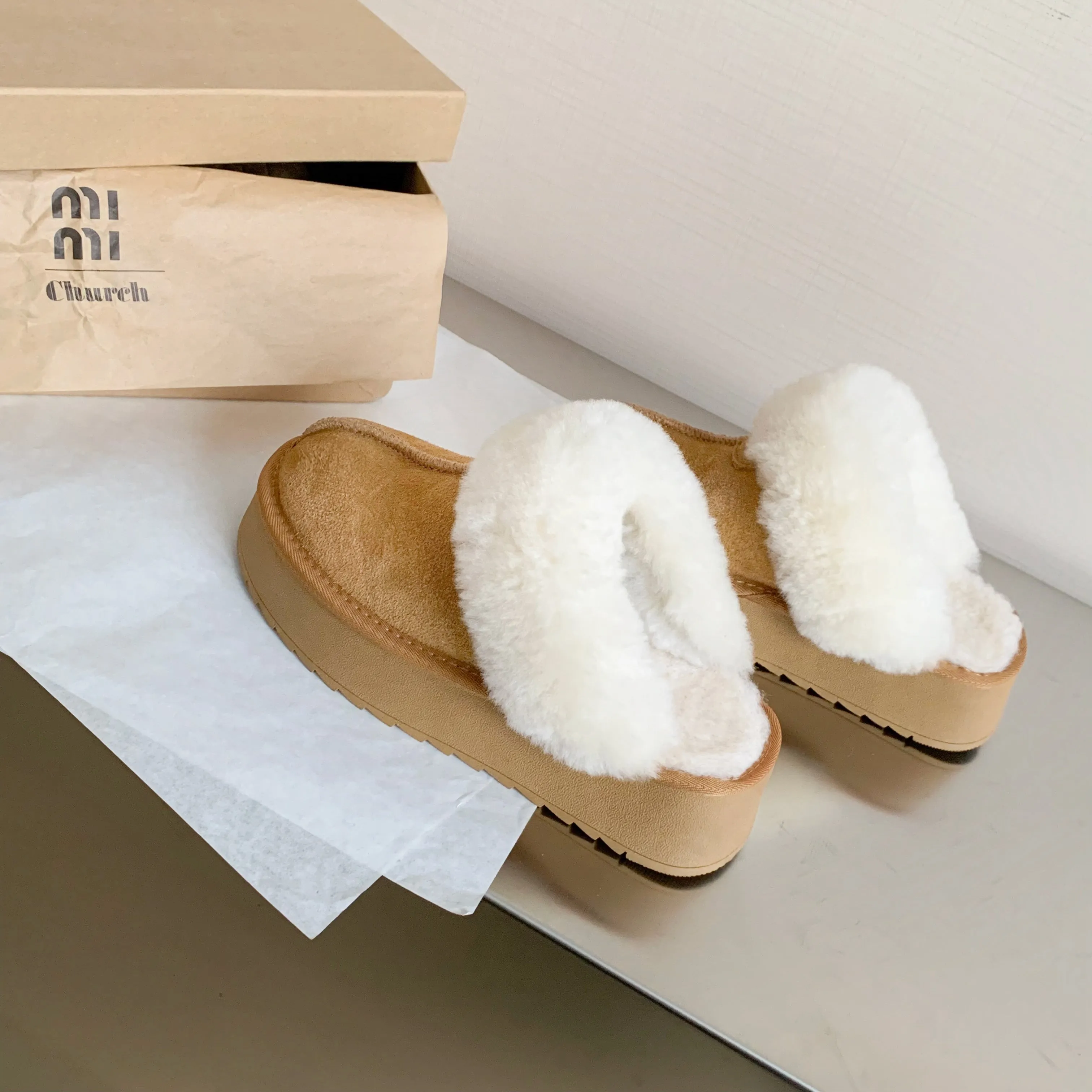 Womens Genuine Suede Leather Platform Wool Fur Mule