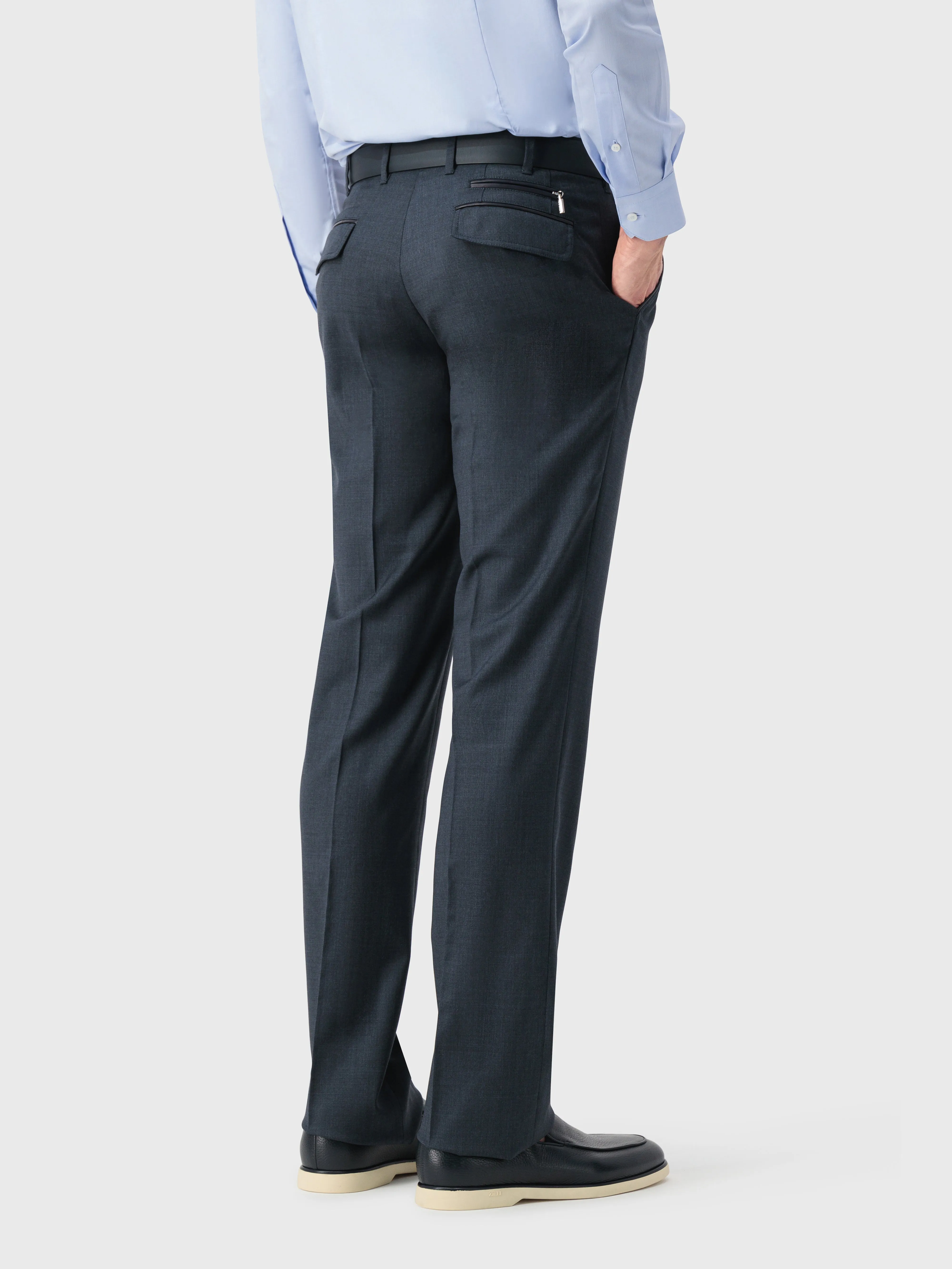 Wool Trousers with Leather Detailing Dark Navy